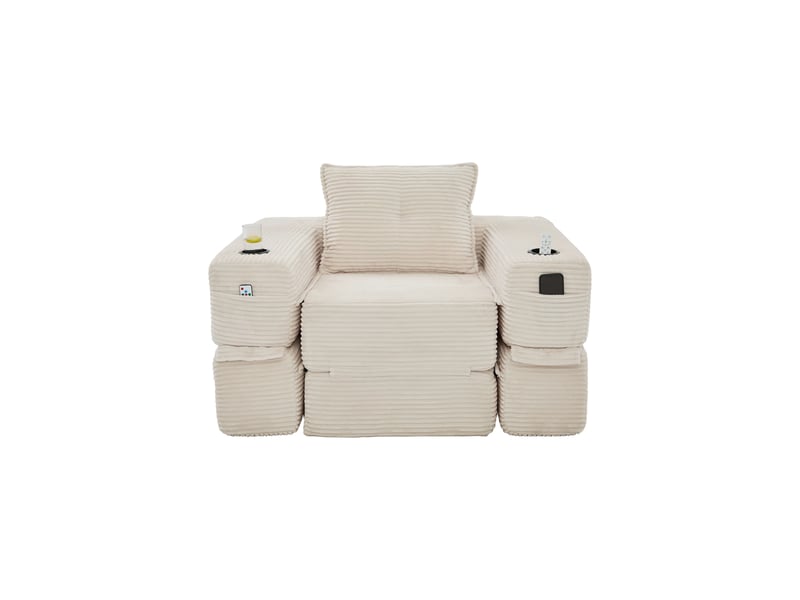  Canapé convertible 2 places en velours côtelé beige avec tiroir intégré et accoudoirs amovibles  - Conforama A