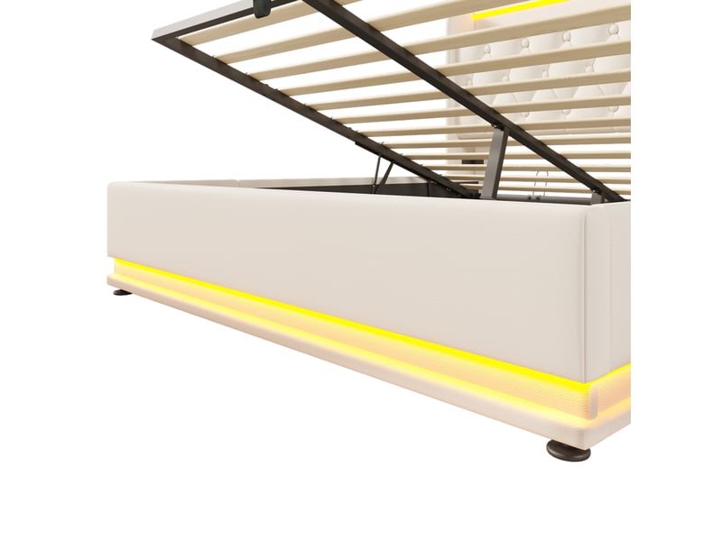  Lit coffre 160x200 cm avec led 360°, usb type c, pu blanc sans matelas  - Conforama D