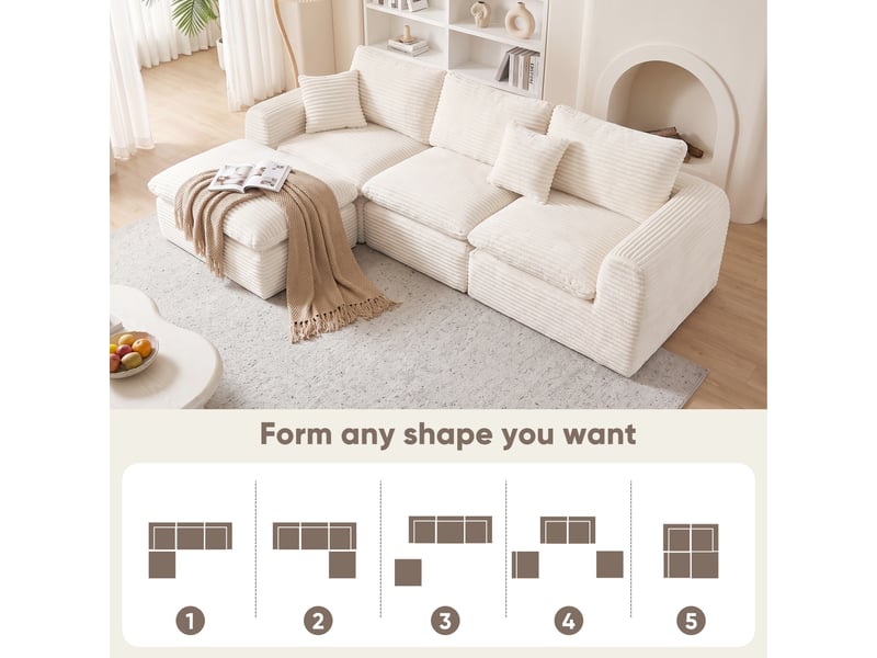  Canapé modulable 3 places 280 x 180 x 65 cm, 3 modules, en l, droit ou lit d’appoint, velours côtelé, mousse et ressorts, beige OMNIGLINT TRADING LTD - Conforama E