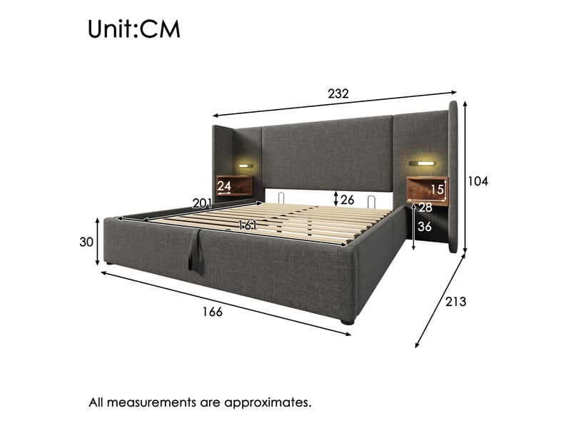  Lit double avec coffre 160x200 cm, tête de lit avec étagère, lampe de lecture, usb, sommier à lattes, tissu lin, gris  - Conforama C