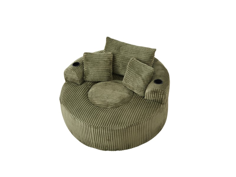  Fauteuil 2 places - 142x142x63 cm - fauteuil poire indépendant en velours côtelé avec 3 coussins et 2 porte-gobelets - vert  - Conforama A