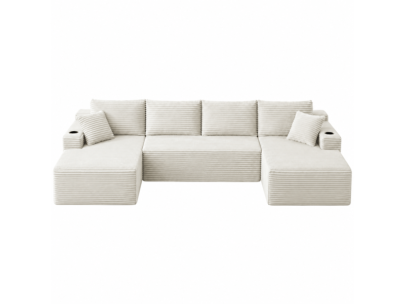  Canapé d'angle modulable en u canapé 4 places canapé compressé en velours côtelé avec porte-gobelets poches latérales, beige  - Conforama A