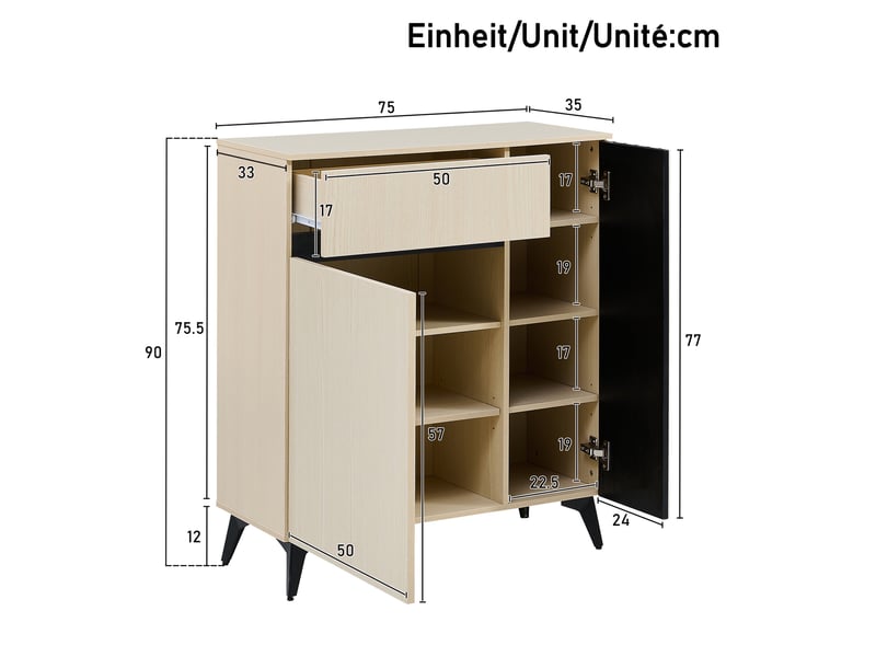  Meuble à chaussures - 75x35x90cm - buffet meuble à chaussures avec 2 portes et 1 tiroir - bois clair  - Conforama D