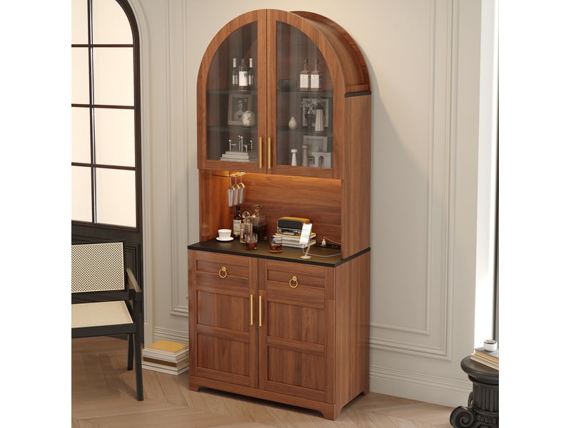 Buffet 80x40x180 cm avec vitrine en verre cintrée, éclairage led, prise intégrée et usb, 2 tiroirs, mdf, coloris noyer - Conforama D