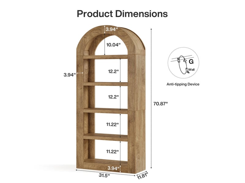 Tribesigns bibliothèque arquée de 180 cm de haut avec rangements, étagère ouverte en bois à 5 niveaux pour salon, chambre, bibliothèque ou bureau, couleur naturelle - Conforama C