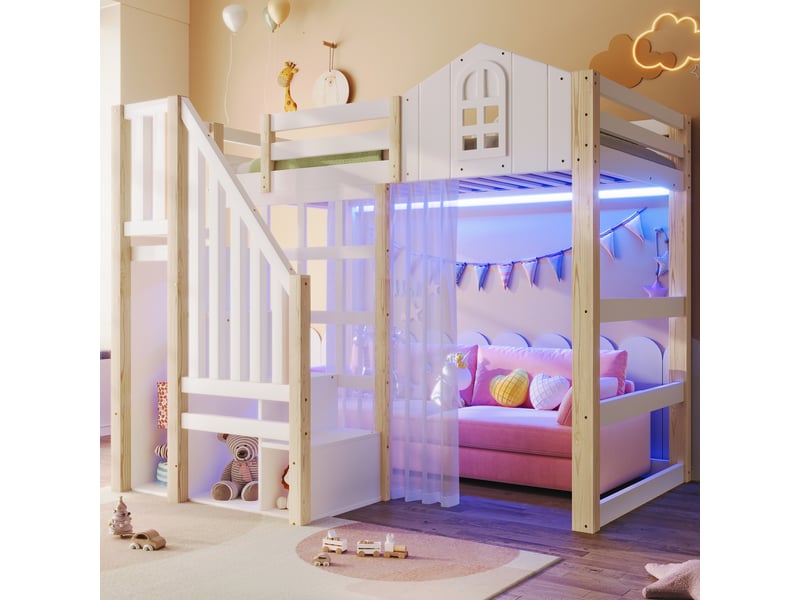  Lit mezzanine 90 x 200 cm, éclairage led, échelle de rangement, compartiment de rangement ouvert, filet, blanc et naturel.  - Conforama C