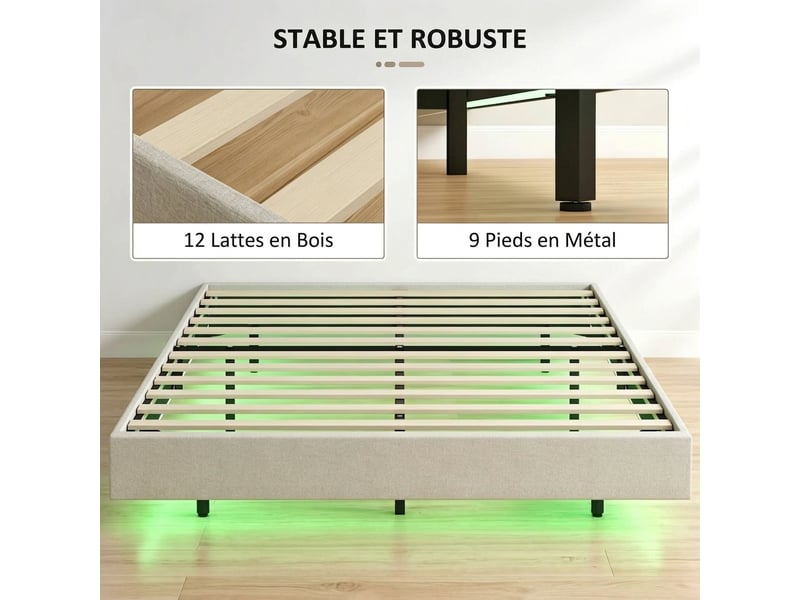 Cadre de lit 140x190 lit flottant avec led sommier à lattes inclus lit double beige  - Conforama E