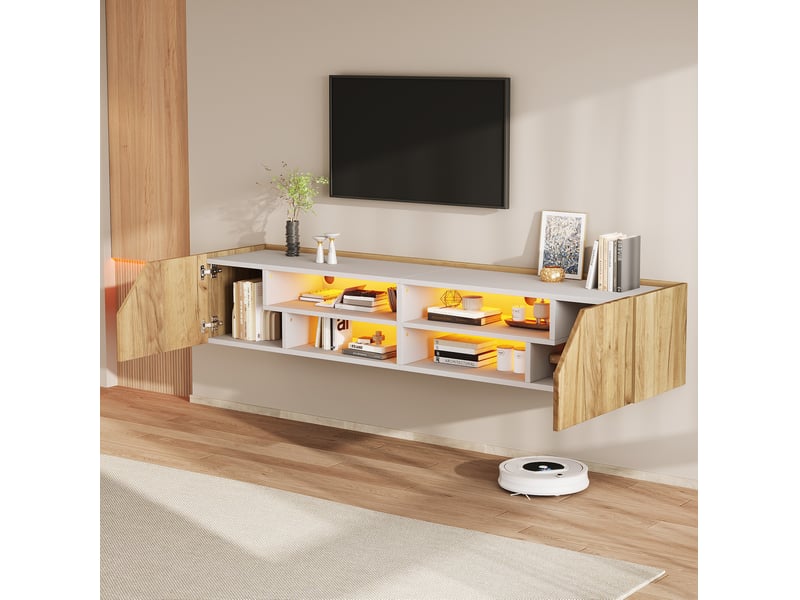 Meuble tv mural 180x36,5x40 cm, led rgb bluetooth, 6 rangements, mdf et panneaux de particules, blanc naturel - Conforama B