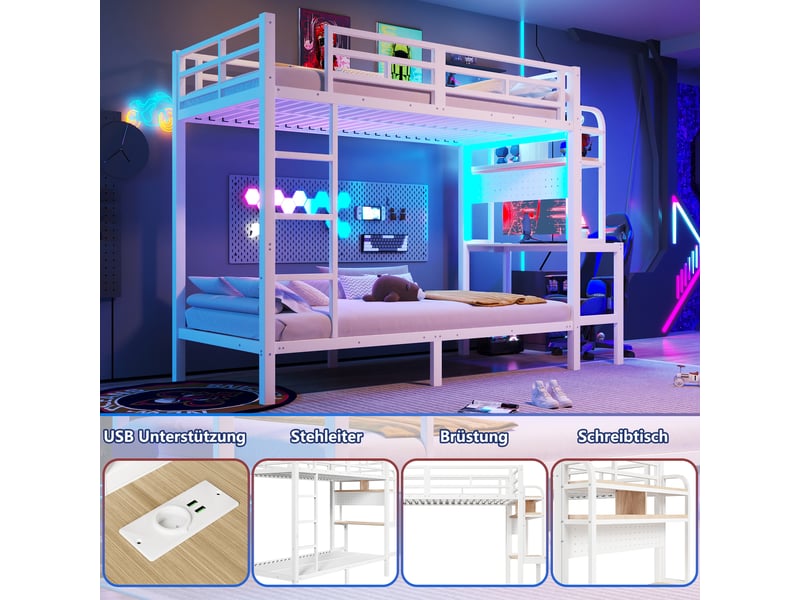  Lit superposé enfant 90x200 cm avec bureau intégré, étagères, led multicolore via app, usb, garde-corps et échelle, métal blanc Radiant Stride - Conforama E