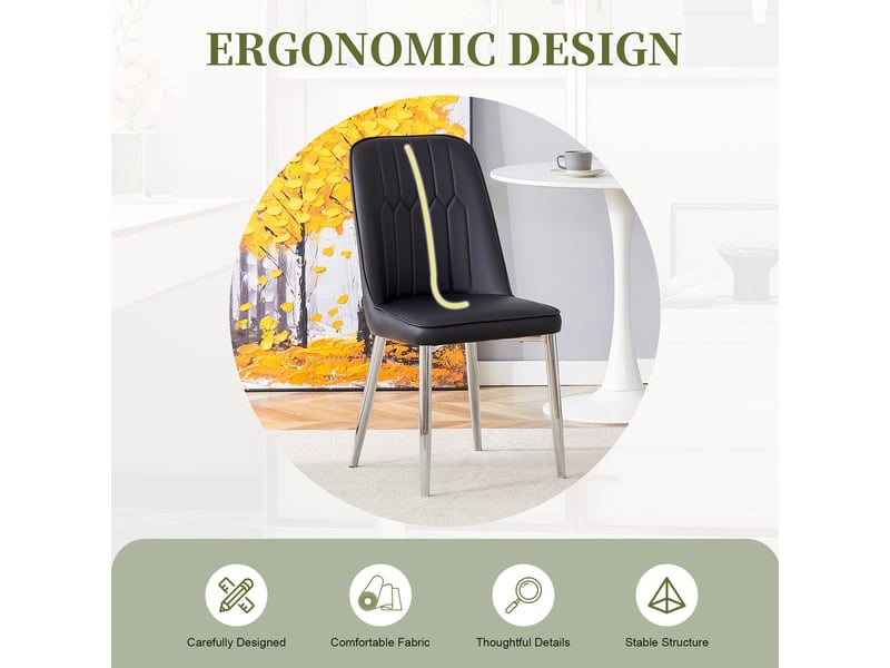 Chaise de salle à manger assise élargie chaise repas similicuir noir design moderne et minimaliste dossier pieds en métal argenté - Conforama E