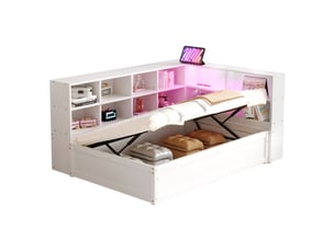 Canapé-lit 90*200, avec plusieurs prises de courant et plusieurs compartiments de rangement, avec bande lumineuse, lit hydraulique, lit en bois massif, lit simple, lit multifonctionnel en bois, blanc.