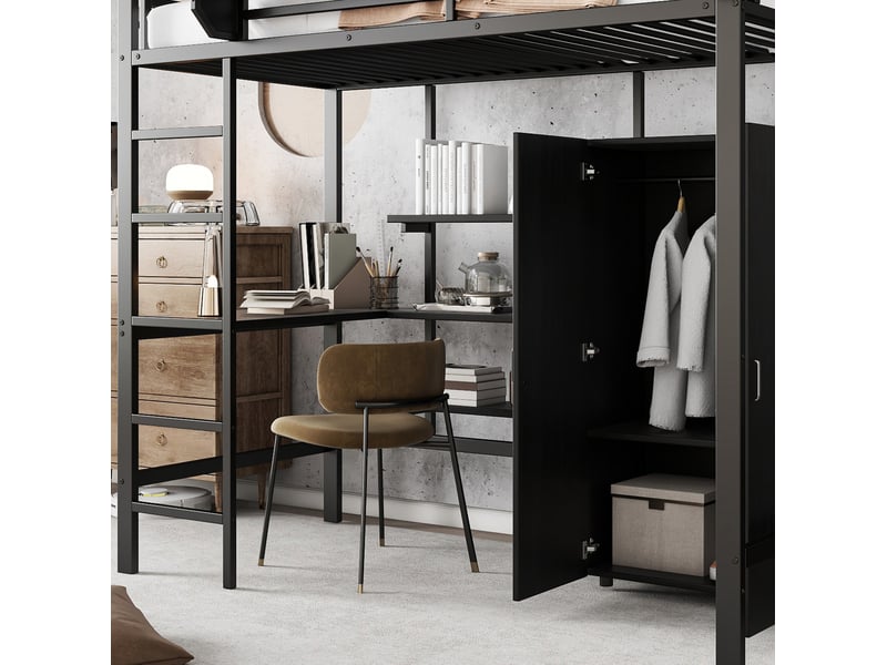 Lit superposé 90x200 cm en métal noir avec bureau, armoire et rangements - Conforama E