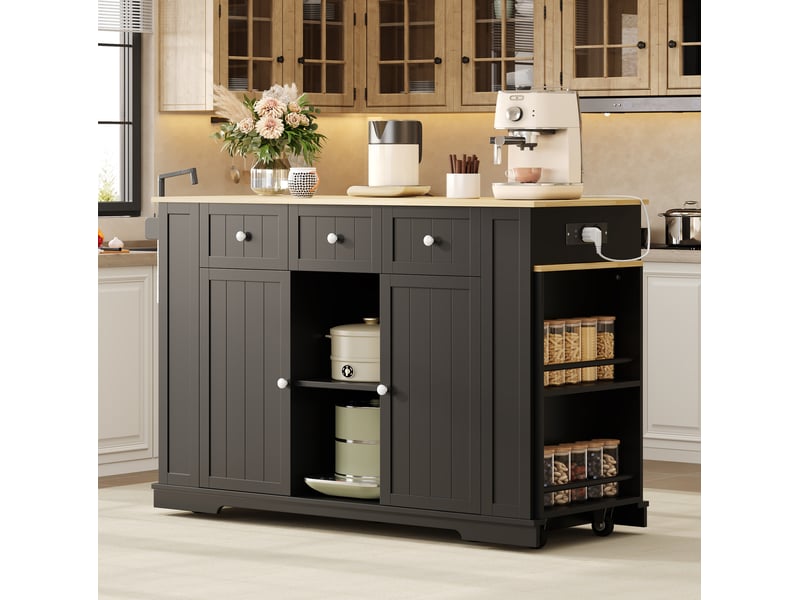  Desserte de cuisine avec table extensible, 2 portes, 2 tiroirs, étagères et prises noire et naturelle 138 × 55 × 93 cm  - Conforama D
