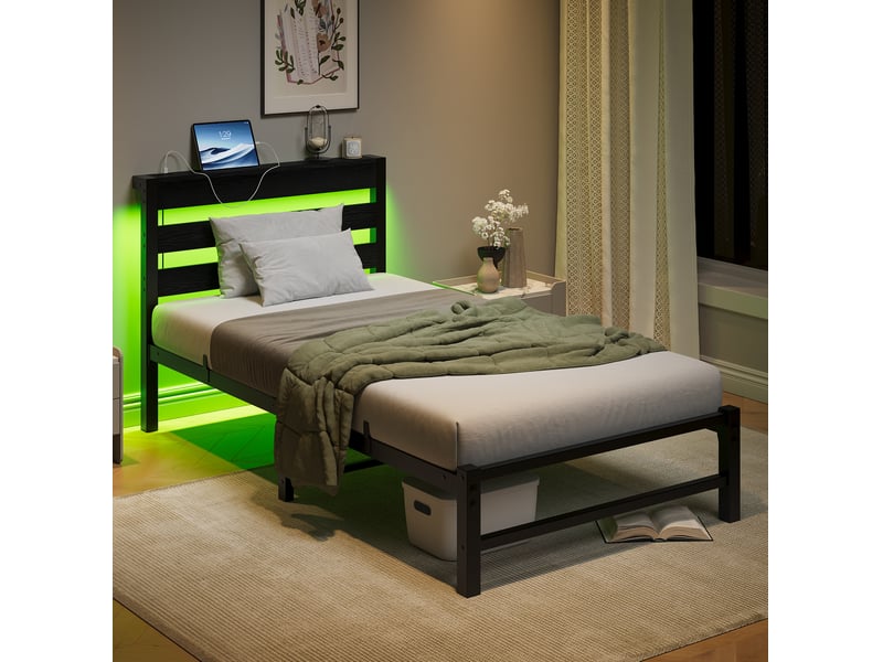  Lit simple 90x200 cm avec led rgb et station de charge usb, cadre en métal et en bois, couleur noir, sans matelas  - Conforama D