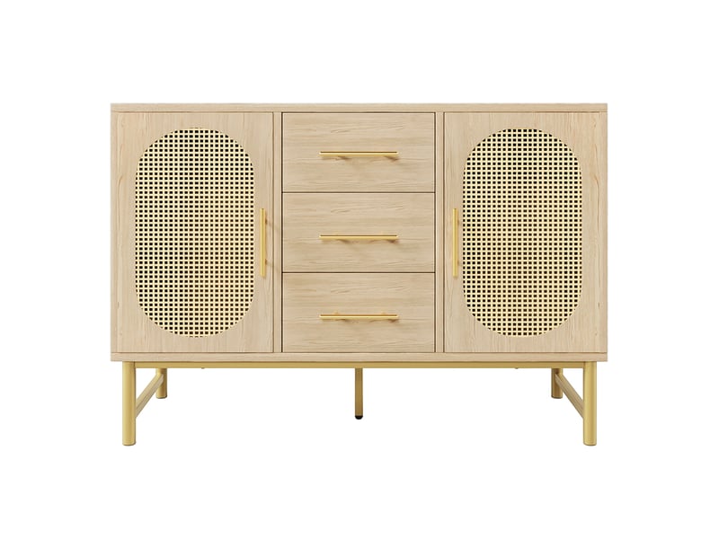 Buffet Rangement Style Rétro Avec Rotin Et Poignées Dorées – 120x40x85 Cm, 3 Tiroirs, 2 Portes, étagères Réglables (Noyer) - 12