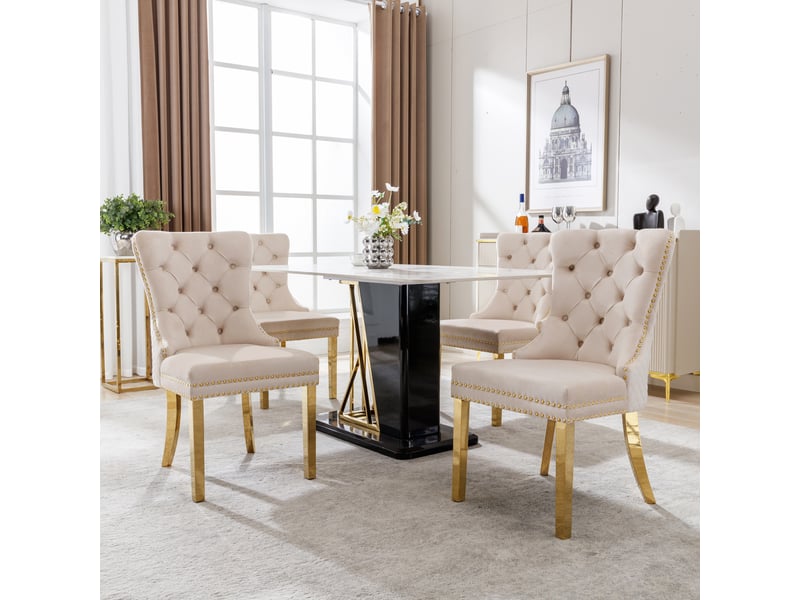  Lot de 4 chaises de salle à manger en velours beige, pieds inox doré et dossier avec anneau décoratif  - Conforama B