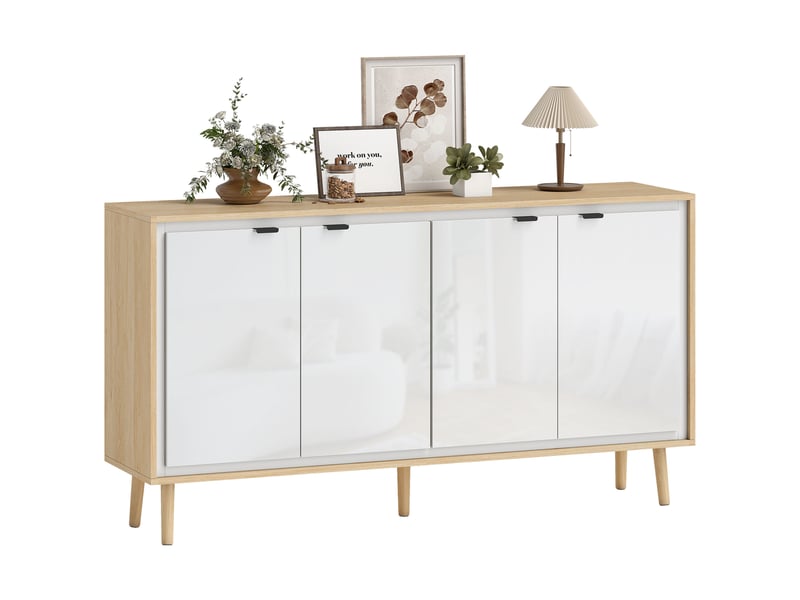  Buffet salon enfilade aosenyunzhou meuble de rangement 4 portes étagères réglables 141x35x77 cm blanc brillant et chêne T1003-01-12629 - Conforama B