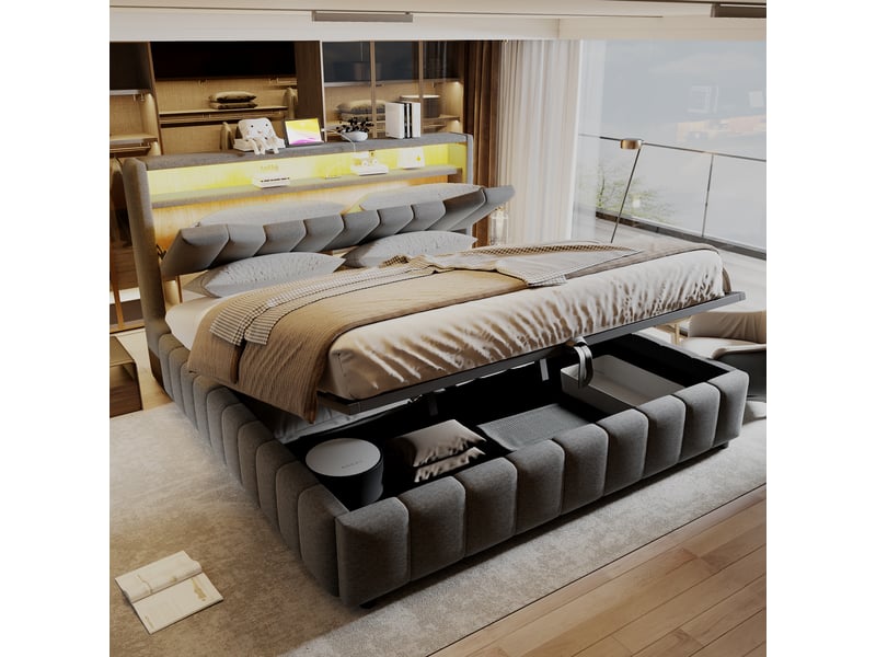  Lit coffre 180x200 cm à relevage hydraulique, tête de lit avec espace de rangement, led, ports usbusb-c, revêtement en lin, lit double rembourré - gris (sans matelas)  - Conforama B