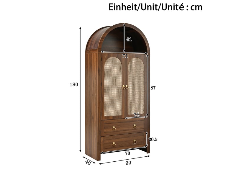  Buffet haut modenvie vintage en mdf noyer 80 x 40 x 180 cm avec portes en rotin et 2 tiroirs  - Conforama C