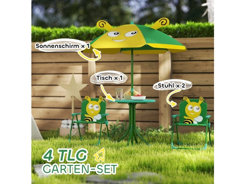  Ensemble de jardin pour enfants 4 pièces vert et jaune en polyester, table, 2 chaises et parasol réglable  - Conforama E