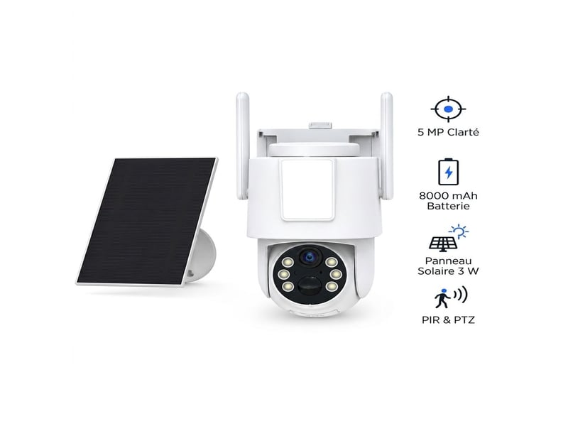 Caméra de surveillance extérieure solaire 5 mp ptz sans fil wifi – caméra ip motorisée 360° avec batterie 8000 mah, panneau solaire 3w, projecteur led et vision nocturne ip65 - Conforama A