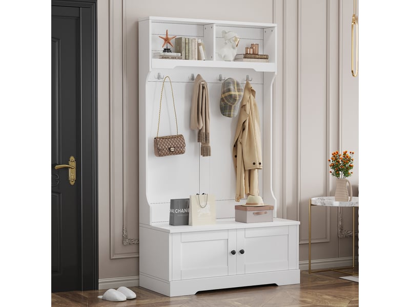  Vestiaire d’entrée 101,5x183 cm - banc à chaussures avec rangement, 4 crochets et 2 niches ouvertes - blanc  - Conforama B