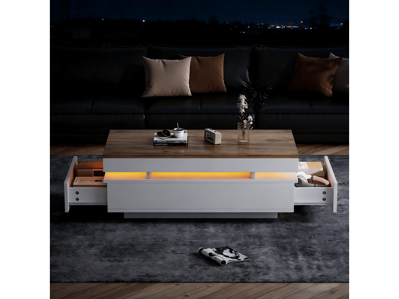  Table basse led 100x50x35 cm, table de salon blanc et bois avec 2 tiroirs, finition brillante  - Conforama R
