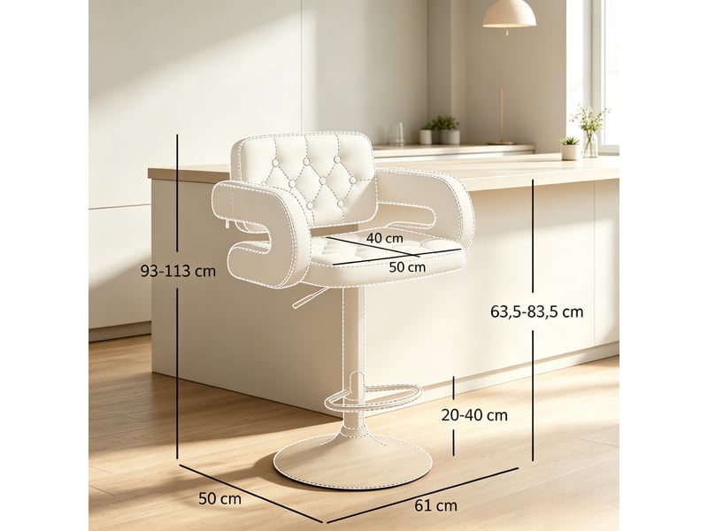 Tabouret de bar réglable avec dossier, accoudoirs et repose-pieds, en métal et revêtement synthétique blanc  - Conforama D