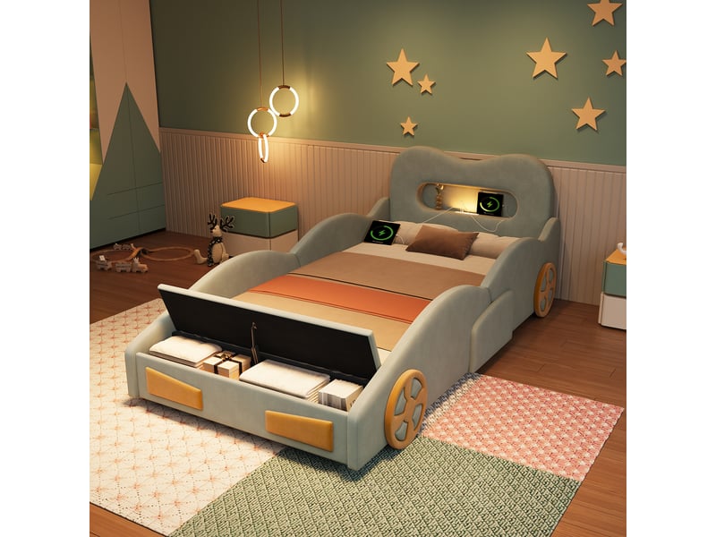  Lit rembourré pour enfants 90x200cm - design automobile - avec liseuses, ports de charge et espaces de rangement - tissu velours - vert (sans matelas)  - Conforama B