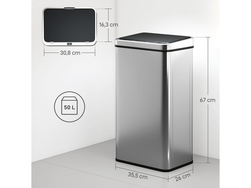  Poubelle à capteur de 50l, couvercle à fermeture en douceur, poubelle de cuisine automatique acier inoxydable, argenté  - Conforama E