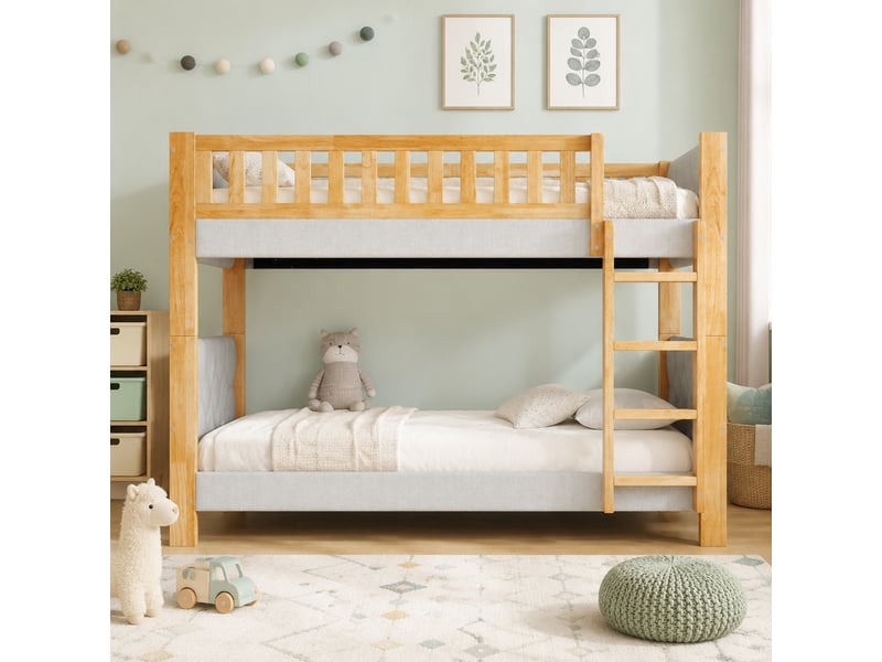 Lit superposé enfant 90x200 cm avec échelle droite, bois d’hévéa et mdf, gris et naturel - Conforama B