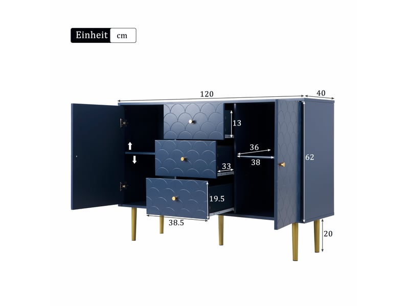 Buffet bas 2 portes et 3 tiroirs bleu marine, avec étagère réglable, 120 x 40 x 83 cm - Conforama E