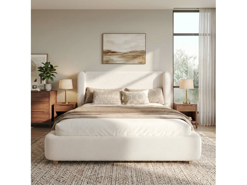 Lit coffre 140x200 cm en bouclette beige avec sommier à lattes, sans matelas - Conforama W