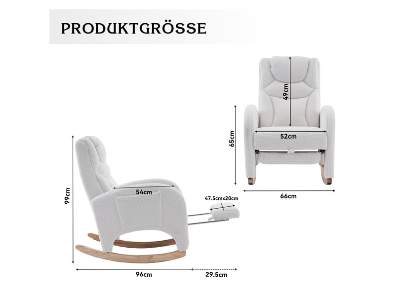  Chaise à bascule tissu teddy blanc, fauteuil relax avec accoudoirs et repose-pieds pliable, structure en bois, 66x125x101 cm, charge 110 kg  - Conforama C