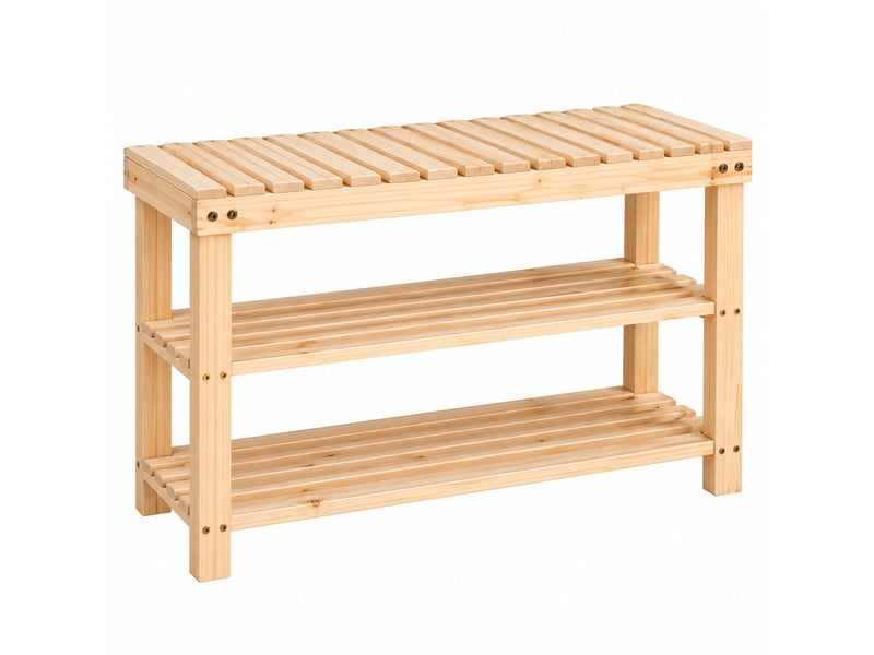  Banc étagère à chaussures en bois de sapin naturel à 3 niveaux à lattes-longueur 71 x profondeur 26 x hauteur 45 cm  - Conforama A