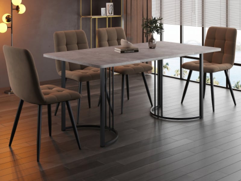  Ensemble de salle à manger 5 pièces, avec table à manger 140 × 80 cmet de 4 chaises, avec pieds en métal noir, plateau en mdf gris, marron  - Conforama B