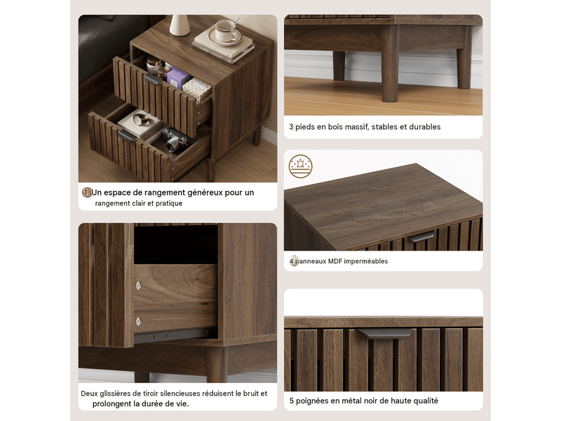  Table de chevet 2 tiroirs en mdf coloris noyer 45 x 39 x 56,5 cm W3180P567363 - Conforama E