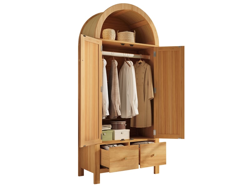  Armoire 78x45x181 cm 2 portes 2 tiroirs mdf chêne avec tringle et rotin pe, rangement ouvert et fermeture magnétique  - Conforama A