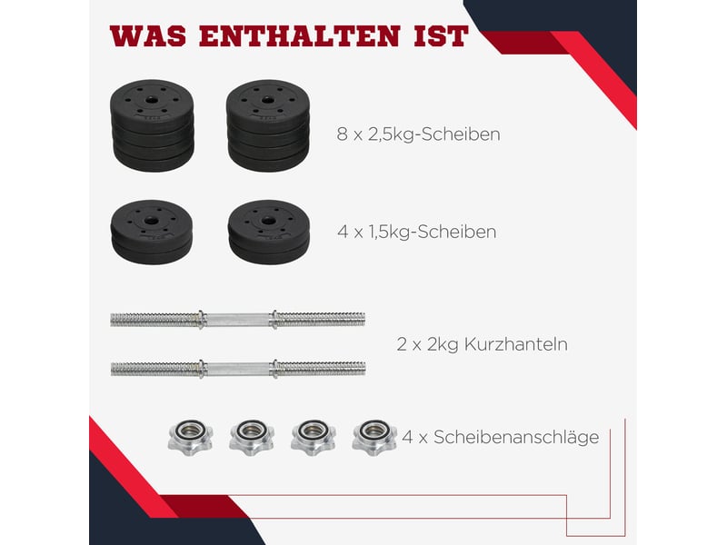 Set d'haltères réglables 30 kg 43x18x7,5 cm – noir – barres de connexion et disques inclus  - Conforama E