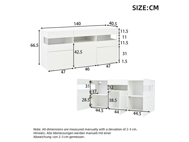  Buffet blanc 140x40,5x66,5 cm avec 3 portes, led et façade acrylique transparente  - Conforama C