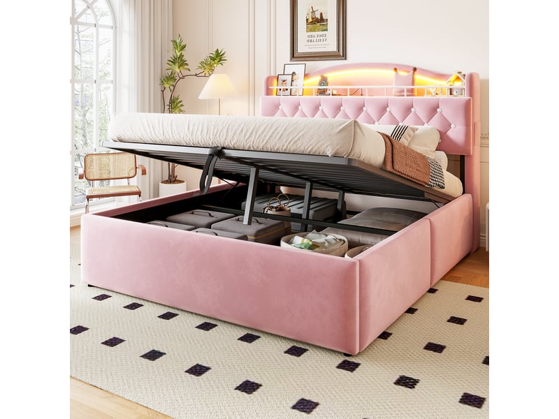  Lit rembourré 140*200 cm rose, relevage hydraulique, éclairage led, ports usbusb-c et rangements et tête capitonnée  - Conforama C