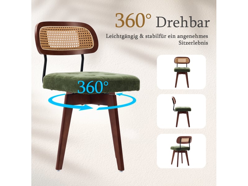  Lot de 2 chaises pivotantes 360° style vintage, 43x50x77 cm dossier rotin tressé, assise chenille vert  - Conforama D