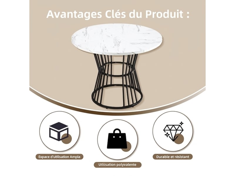 Ensemble table ronde ø100 cm et 4 chaises en velours gris foncé, plateau effet marbre  - Conforama D