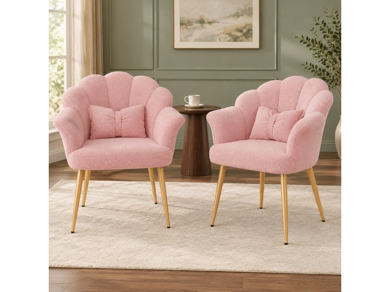  Lot de 2 fauteuils de salle à manger à dossier pétale en tissu teddy rose  - Conforama D