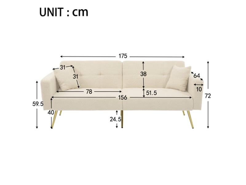  Canapé-lit convertible 2 places - canapé-lit inclinable - pieds dorés, coussins et poches de rangement latérales - sherpa beige  - Conforama D