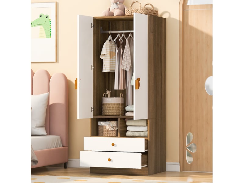  Armoire modenvie 2 portes avec 2 tiroirs et niches 70 x 50 x 170 cm mdf bois naturel et blanc  - Conforama B