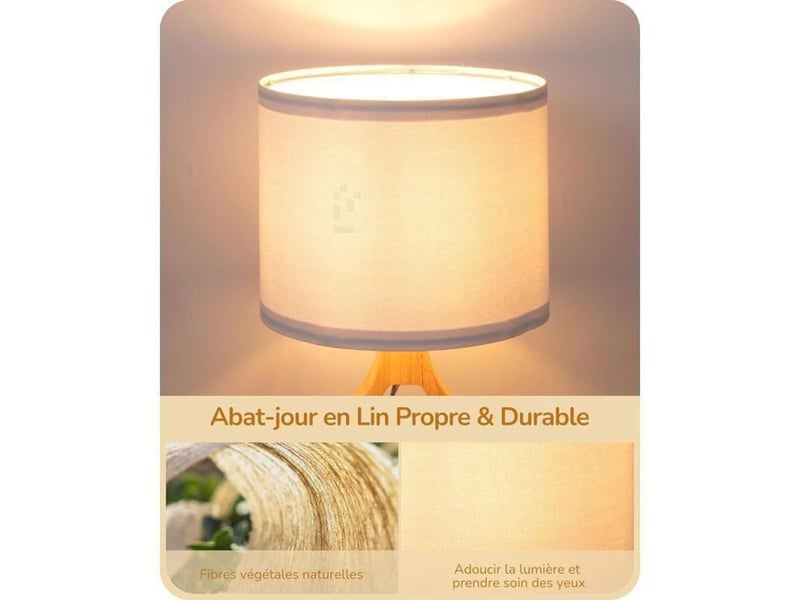 Lampe de chevet style scandinave 34 cm abat-jour lin blanc base chene clair e27 2700k led 370618_AAAYP05865_6_DROPFR - Conforama D