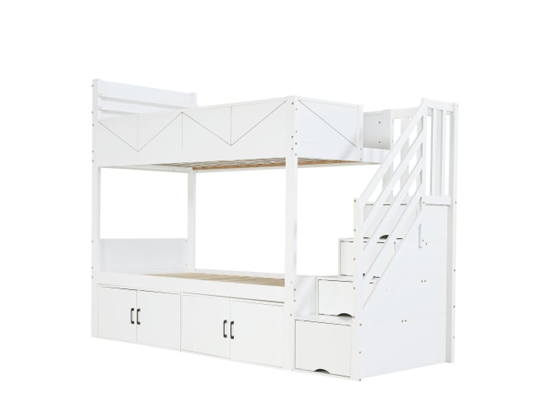  Lit superposé blanc 90x200 cm avec escalier–rangements sous le lit–sécurité renforcée–range-livres–design moderne  - Conforama A