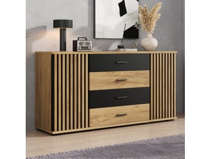Buffet et enfilade moderne avec 2 portes, 4 tiroirs et étagères réglables en mdf noir et chêne pour salon