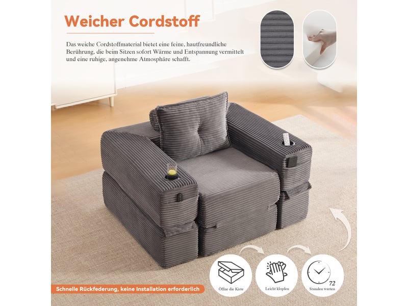 Canapé convertible 2 places en velours côtelé gris foncé avec porte-gobelet et poches latérales  - Conforama R